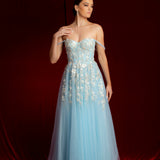 Sparkling blue princess dress with square bustier top with straps for Hire