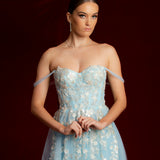 Sparkling blue princess dress with square bustier top with straps