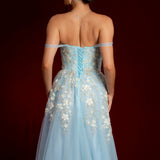 Sparkling blue princess dress with square bustier top with straps for Hire