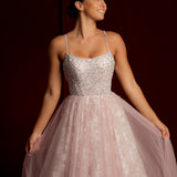 Mauve pink princess dress with crescent moon neckline and snowflake sparkles