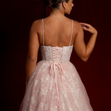 Mauve pink princess dress with crescent moon neckline and snowflake sparkles