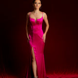 fuchsia pink dress with bustier top and high slit