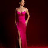 fuchsia pink dress with bustier top and high slit