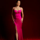 fuchsia pink dress with bustier top and high slit