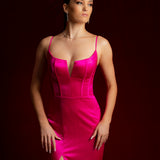 fuchsia pink dress with bustier top and high slit