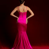 fuchsia pink dress with bustier top and high slit