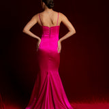 fuchsia pink dress with bustier top and high slit
