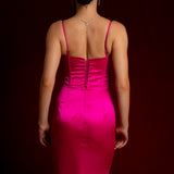 fuchsia pink dress with bustier top and high slit