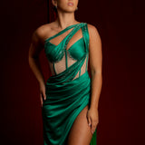 crossed strap green silky dress (sample sale)