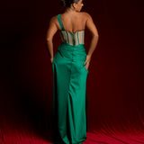 crossed strap green silky dress (sample sale)