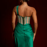crossed strap green silky dress (sample sale)