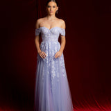 Pastel purple lace princess dress with off the shoulder sleeves