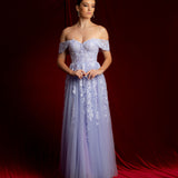 Pastel purple lace princess dress with off the shoulder sleeves