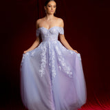 Pastel purple lace princess dress with off the shoulder sleeves