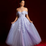 Pastel purple lace princess dress with off the shoulder sleeves