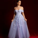 Pastel purple lace princess dress with off the shoulder sleeves