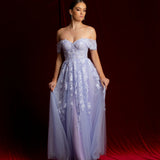 Pastel purple lace princess dress with off the shoulder sleeves