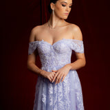 Pastel purple lace princess dress with off the shoulder sleeves