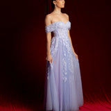 Pastel purple lace princess dress with off the shoulder sleeves