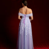 Pastel purple lace princess dress with off the shoulder sleeves