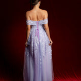 Pastel purple lace princess dress with off the shoulder sleeves