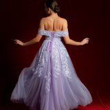 Pastel purple lace princess dress with off the shoulder sleeves