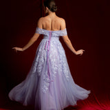 Pastel purple lace princess dress with off the shoulder sleeves