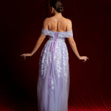 Pastel purple lace princess dress with off the shoulder sleeves
