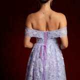 Pastel purple lace princess dress with off the shoulder sleeves