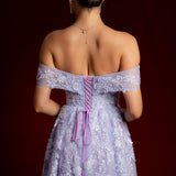 Pastel purple lace princess dress with off the shoulder sleeves
