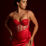 Cherry red bustier top see-through bodice beaded satin mermaid dress