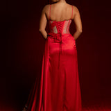 Cherry red bustier top see-through bodice beaded satin mermaid dress