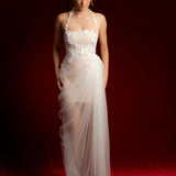 Straight neckline white tulle dress with 3D flower details midi dress