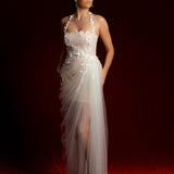 Straight neckline white tulle dress with 3D flower details midi dress