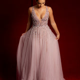 Purplish muted pink beaded tulle dress for hire