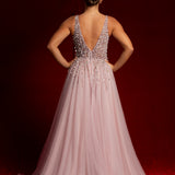Purplish muted pink beaded tulle dress for hire