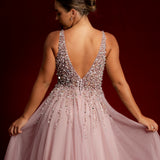 Purplish muted pink beaded tulle dress for hire