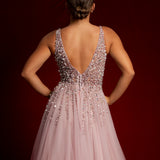 Purplish muted pink beaded tulle dress for hire