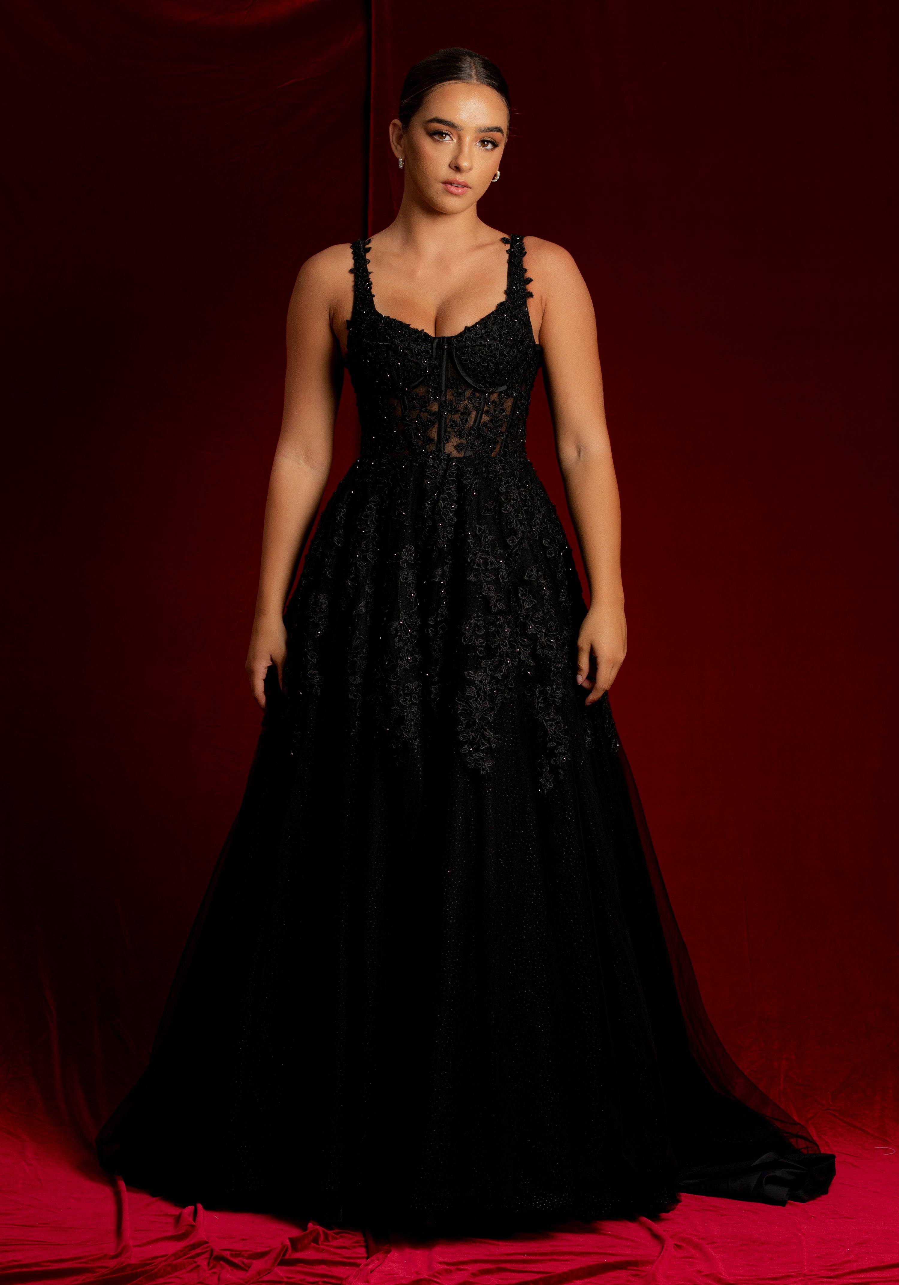 Sparkling black princess dress with square bustier top with straps for