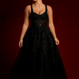 Sparkling black princess dress with square bustier top with straps for hire