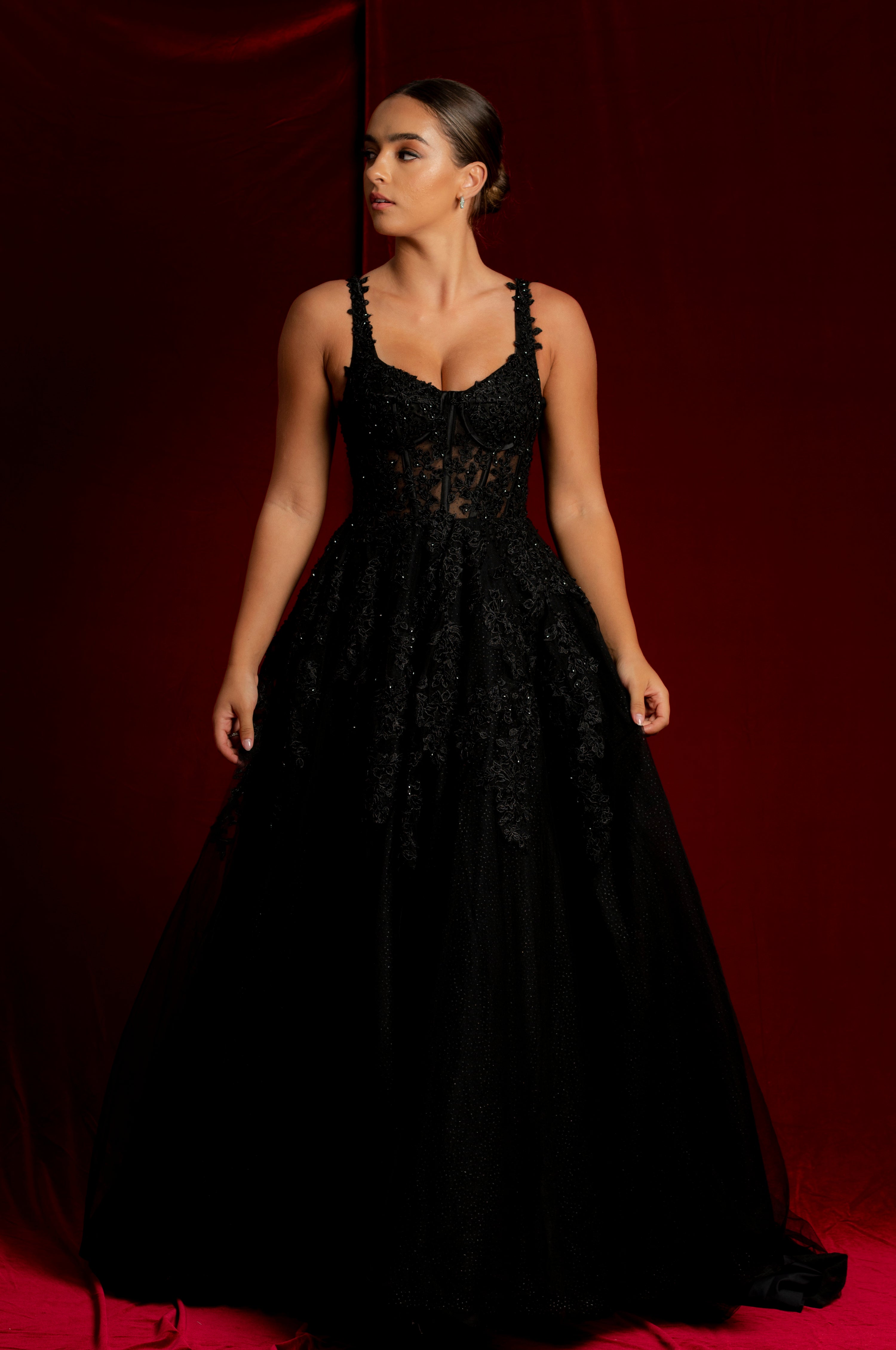 Sparkling black princess dress with square bustier top with straps for