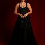 Sparkling black princess dress with square bustier top with straps for hire