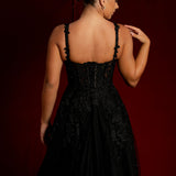 Sparkling black princess dress with square bustier top with straps for hire