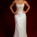 Luna Pearl white and sequin dress with beading all all over with a crescent moon neckline