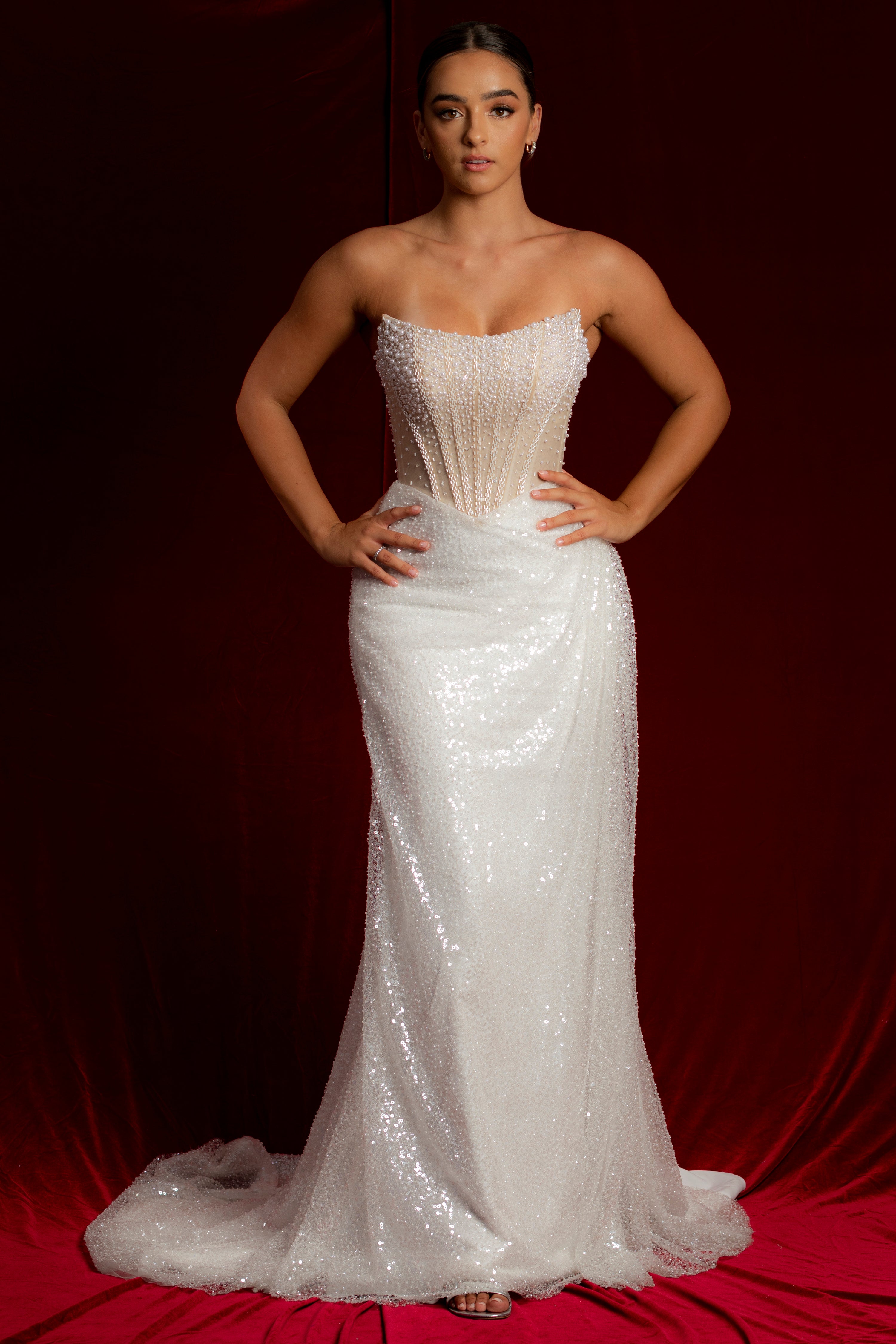 Luna Pearl white and sequin dress with beading all all over with a cre Destiny Chic Luna Pearl white and sequin dress with beading all all over with a cre Destiny Chic