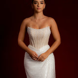 Luna Pearl white and sequin dress with beading all all over with a crescent moon neckline