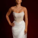 Luna Pearl white and sequin dress with beading all all over with a crescent moon neckline
