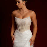 Luna Pearl white and sequin dress with beading all all over with a crescent moon neckline