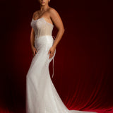 Luna Pearl white and sequin dress with beading all all over with a crescent moon neckline
