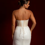 Luna Pearl white and sequin dress with beading all all over with a crescent moon neckline